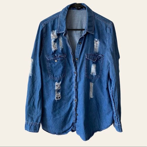 New Look Tops - NEW LOOK Women’s Deconstructed Denim Top | Long Sleeved | Size L
